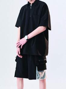 Men Zip Half Placket Shirt & Flap Pocket Shorts - Black - View 4