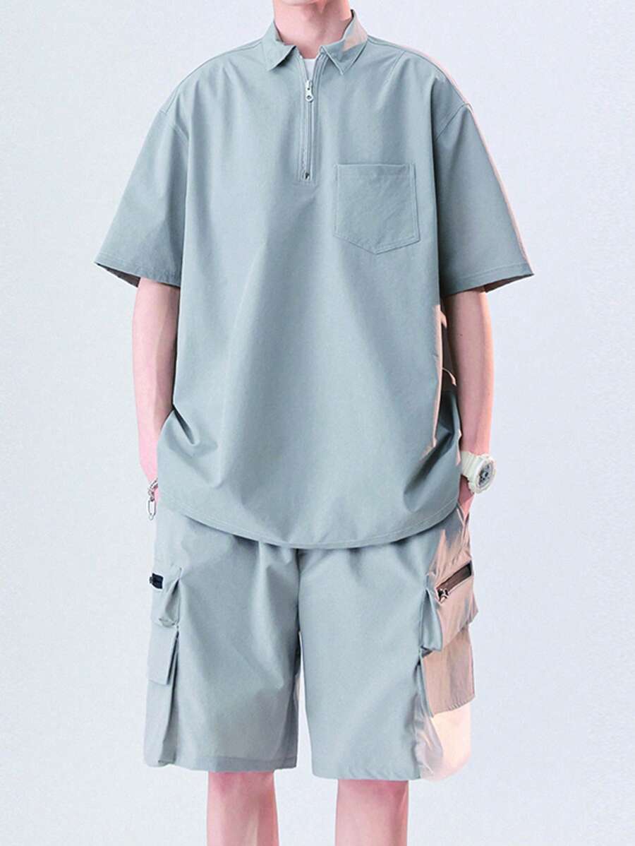 Men Pocket Patched Half Zip Top & Shorts - Grey - View 1
