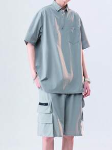 Men Pocket Patched Half Zip Top & Shorts - Grey - View 3