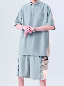Men Pocket Patched Half Zip Top & Shorts - Grey - View 4
