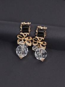 1對時尚鋅合金蝴蝶結和水鑽裝飾耳墜適合女士適合派對裝飾用品 - 黑與白 - 查看 3