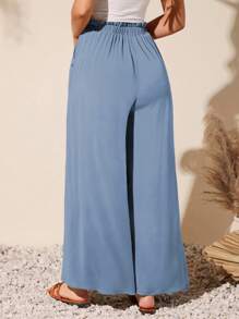 SHEIN VCAY 腰部打結斜口袋闊腿褲 - 霧霾藍 - 查看 2