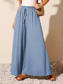 SHEIN VCAY 腰部打結斜口袋闊腿褲 - 霧霾藍 - 查看 3