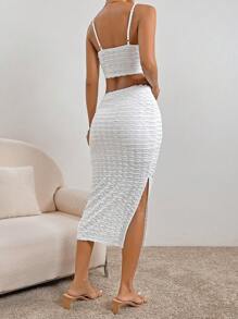 SHEIN Privé Solid Cami Top & Split Thigh Skirt - White - View 2