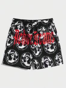 ROMWE MEN Street Life 男式人物&字母圖案束腰短褲 - 黑色 - 查看 1