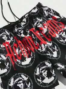 ROMWE MEN Street Life 男式人物&字母圖案束腰短褲 - 黑色 - 查看 4