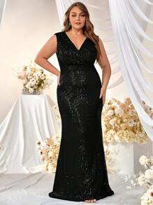 YISIKADO 大碼交疊領亮片正式洋裝 - 黑色 - 查看 2