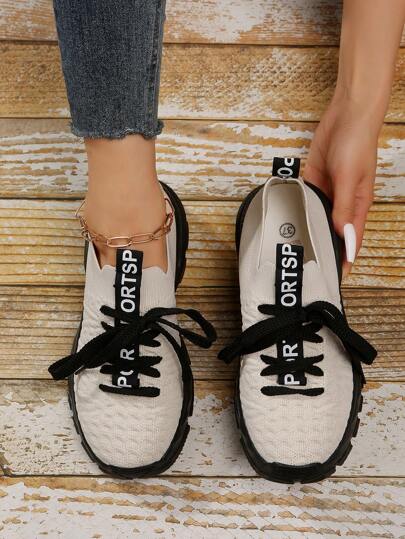 女士字母圖案前綁帶粗運動戶外運動鞋