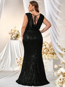 YISIKADO 大碼交疊領亮片正式洋裝 - 黑色 - 查看 3