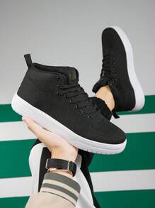 男士貼布裝飾繫帶運動戶外黑色板鞋