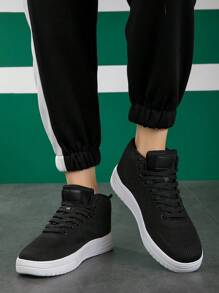 男士貼布裝飾繫帶運動戶外黑色板鞋