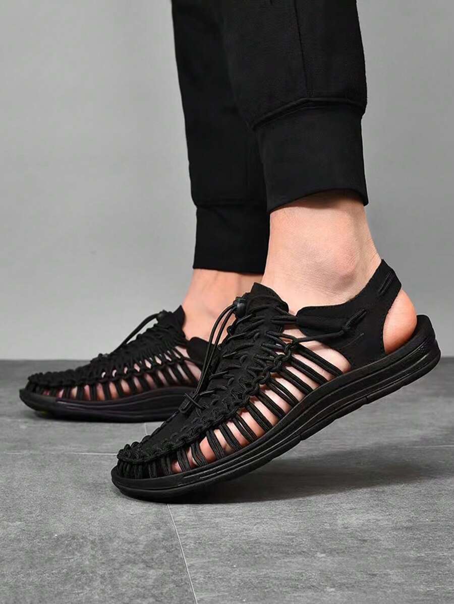男士編織細節抽繩設計運動涼鞋運動戶外黑色網紗涼鞋 - 黑色 - 查看 1
