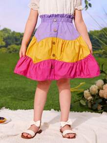 SHEIN Toddler Girls Colourblock Paperbag Waist Ruffle Hem Skirt - Multicolor - View 1
