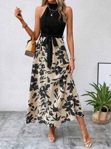 SHEIN VCAY Vestido halter con estampado floral con cinturón - Multicolor - Ver 5