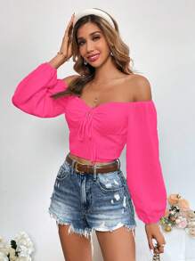 SHEIN VCAY Off Shoulder Knot Front Crop Blouse - Hot Pink - View 6
