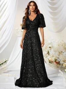 YISIKADO V Neck Butterfly Sleeve Sequin Formal Dress - Black - View 2