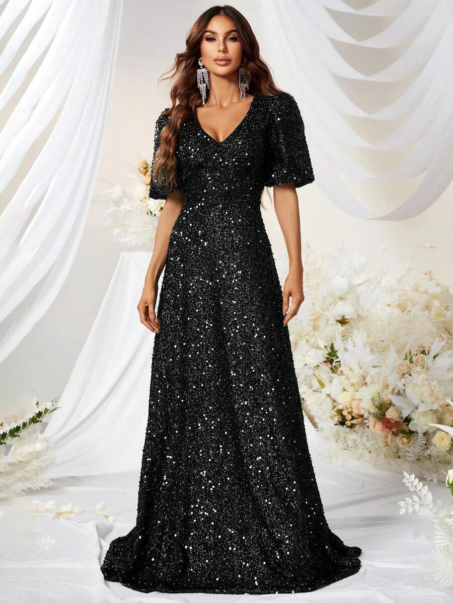 YISIKADO V Neck Butterfly Sleeve Sequin Formal Dress