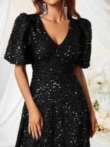 YISIKADO V Neck Butterfly Sleeve Sequin Formal Dress - Black - View 4