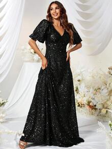 YISIKADO V Neck Butterfly Sleeve Sequin Formal Dress - Black - View 5