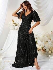YISIKADO V Neck Butterfly Sleeve Sequin Formal Dress - Black - View 6