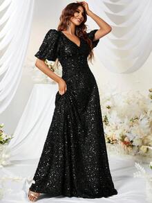 YISIKADO V Neck Butterfly Sleeve Sequin Formal Dress - Black - View 8