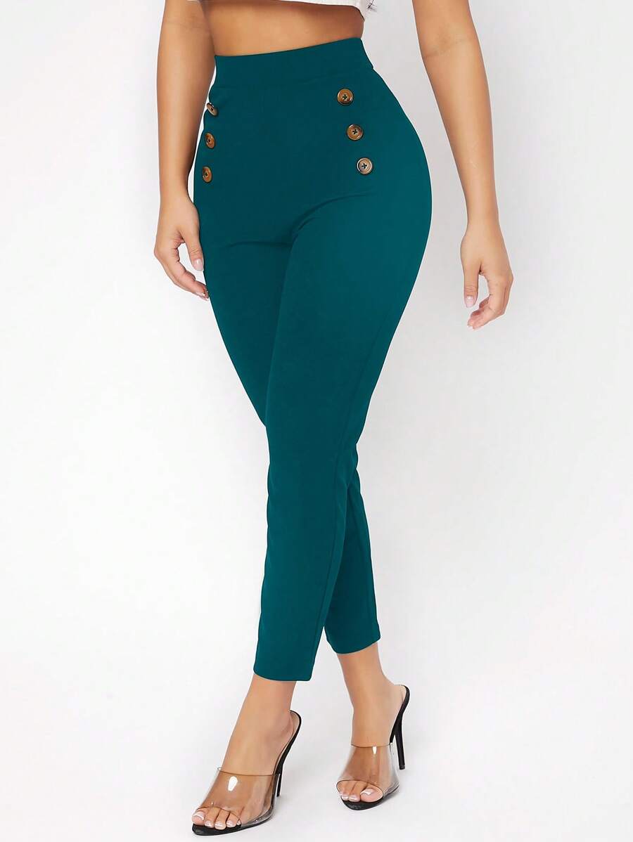 SHEIN PETITE High Waist Button Detail Skinny Trousers - Teal Blue - View 1