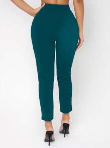 SHEIN PETITE High Waist Button Detail Skinny Trousers - Teal Blue - View 2