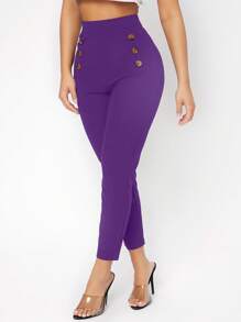 SHEIN PETITE High Waist Button Detail Skinny Trousers - Violet Purple - View 1