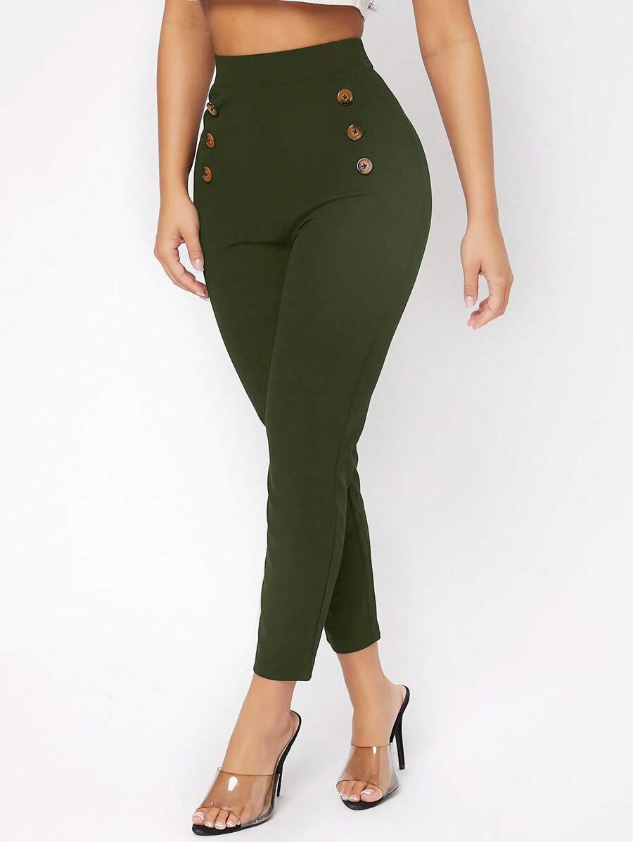 SHEIN PETITE 高腰紐扣細節緊身褲 - 軍綠色 - 查看 1