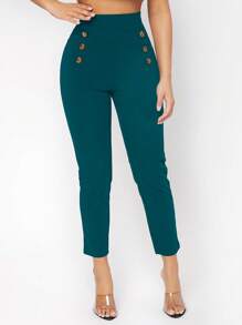 SHEIN PETITE High Waist Button Detail Skinny Trousers - Teal Blue - View 3