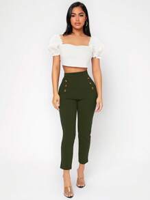 SHEIN PETITE 高腰紐扣細節緊身褲 - 軍綠色 - 查看 4