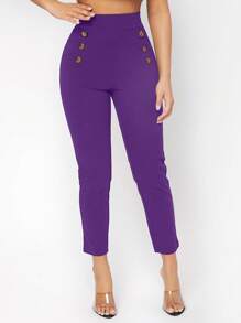 SHEIN PETITE High Waist Button Detail Skinny Trousers - Violet Purple - View 4