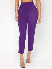 SHEIN PETITE High Waist Button Detail Skinny Trousers - Violet Purple - View 5