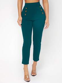 SHEIN PETITE High Waist Button Detail Skinny Trousers - Teal Blue - View 6