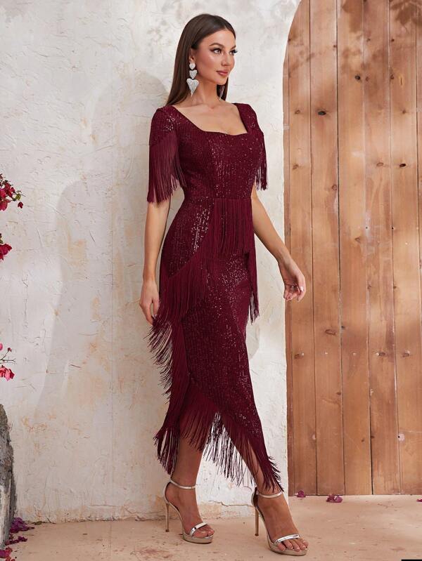 Giffniseti Fringe Trim Asymmetrical Hem Sequin Dress SHEIN South Africa