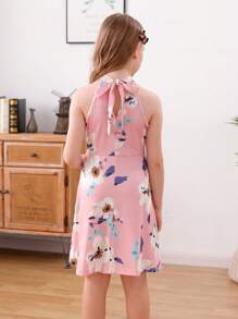 適合青少女的無袖韓式花卉印花a字連衣裙,後部打結設計,非常適合夏天海灘度假派對 - 粉色 - 查看 2