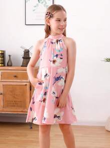 適合青少女的無袖韓式花卉印花a字連衣裙,後部打結設計,非常適合夏天海灘度假派對 - 粉色 - 查看 4