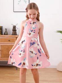 適合青少女的無袖韓式花卉印花a字連衣裙,後部打結設計,非常適合夏天海灘度假派對 - 粉色 - 查看 5