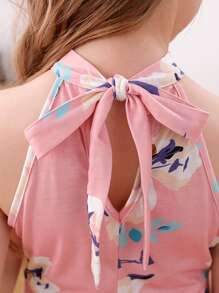 適合青少女的無袖韓式花卉印花a字連衣裙,後部打結設計,非常適合夏天海灘度假派對 - 粉色 - 查看 6