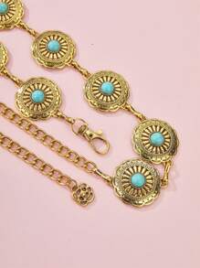 1 Pieza De Flores Metálicas Vintage Doradas Con Incrustaciones De Cadena De Cintura De Piedra Turquesa Para Vacaciones - Amarillo Oro - Ver 5