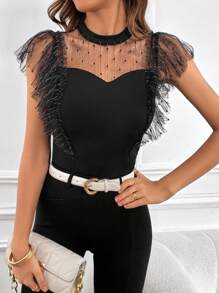 SHEIN Privé 網紗拼接荷葉邊小高領T恤 - 黑色 - 查看 4