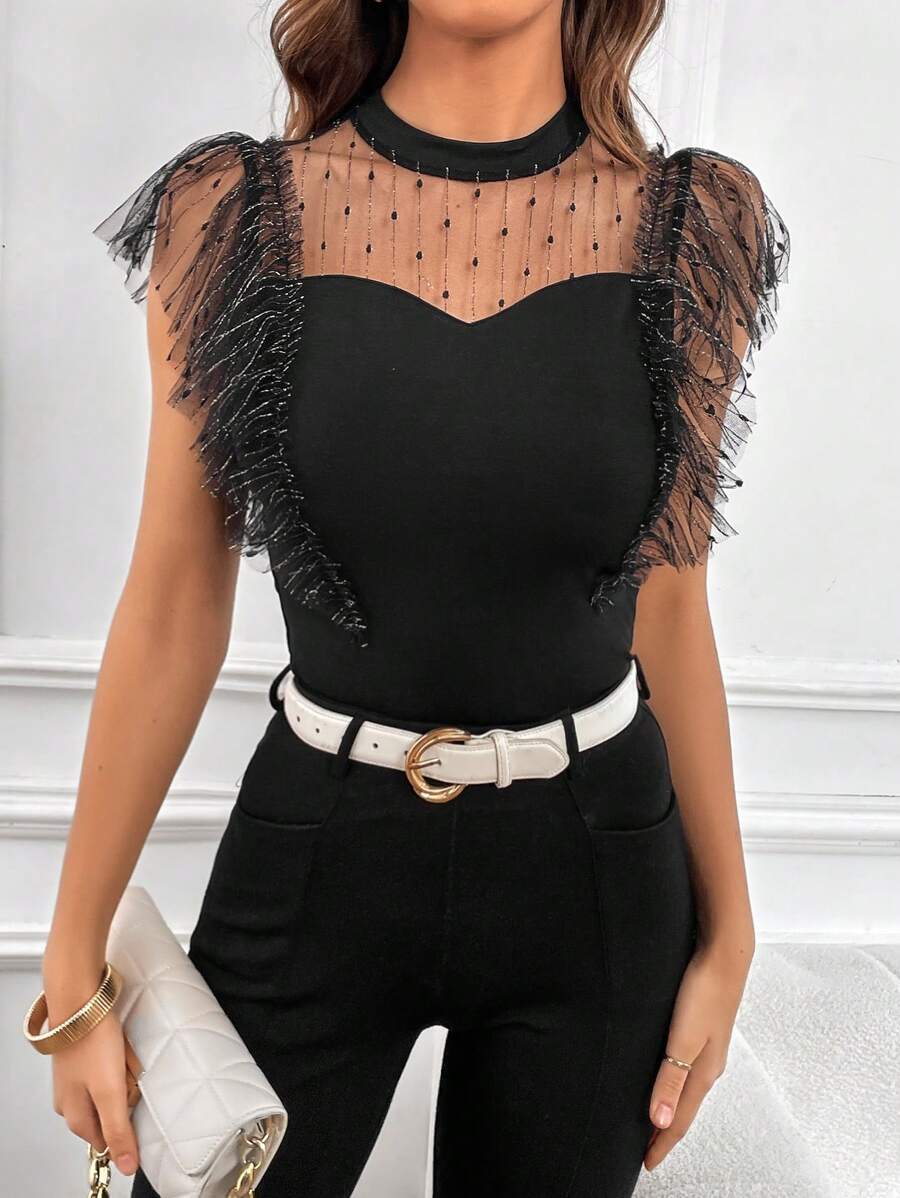 SHEIN Privé 網紗拼接荷葉邊小高領T恤 - 黑色 - 查看 1