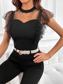 SHEIN Privé 網紗拼接荷葉邊小高領T恤 - 黑色 - 查看 3