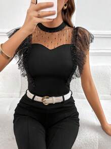 SHEIN Privé 網紗拼接荷葉邊小高領T恤 - 黑色 - 查看 8