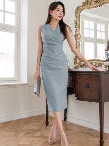 DAZY 素色褶邊圍裹細節連衣裙 - 霧霾藍 - 查看 4