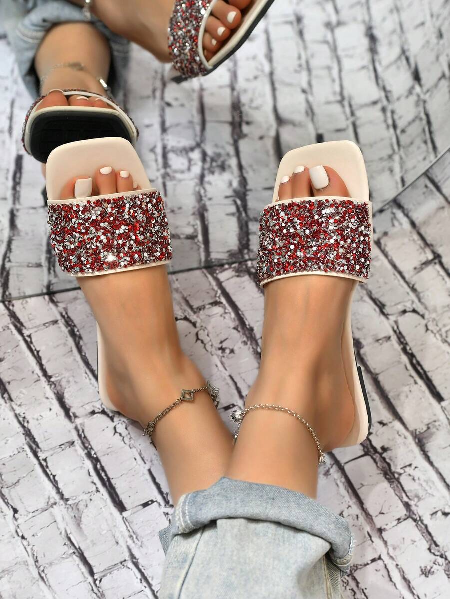 女性水鑽裝飾玻璃魅力四射涼鞋 - 紅色 - 查看 1