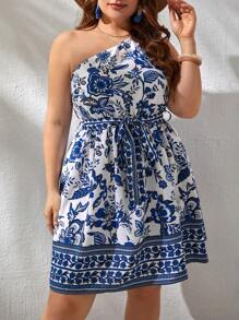 SHEIN VCAY Plus Floral Print One Shoulder Belted Dress - Multicolor - View 6