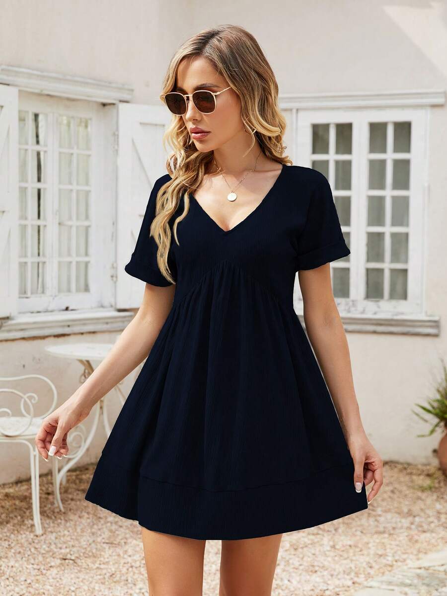 HOMEYEE Đầm Viên lá sen màu trơn Dễ thương - Màu xanh hải quân - Xem 1