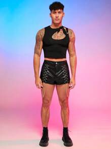 FeverCity 男士鏈條前繫帶PU皮革短褲 - 黑色 - 查看 7