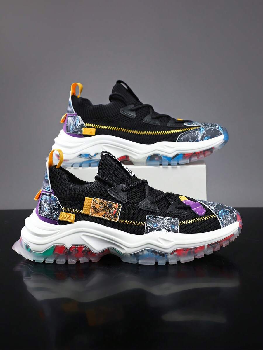 Men Color Block Chunky Sneakers, Fabric Lace Up Front Sneakers - Black - View 1